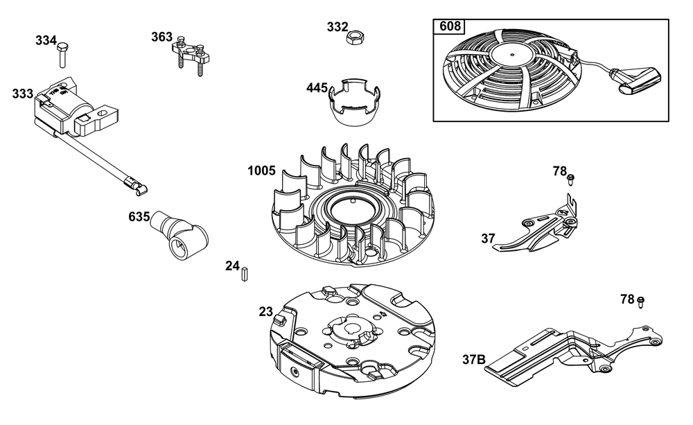 Flywheel, Ignition, And Starter Group Diagram and Parts List for 121S02-0037-F1 100000 - 19Z999 Briggs and Stratton Engine